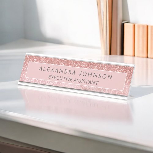 Modern Professional Rose Gold Glitter Marble Desk Name Plate