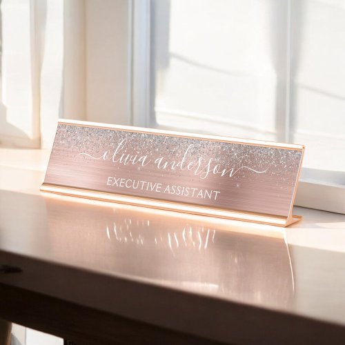 Modern Professional Rose Gold Silver Glitter Desk Name Plate