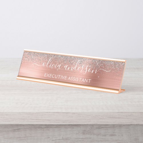 Modern Professional Rose Gold Silver Glitter Desk Name Plate