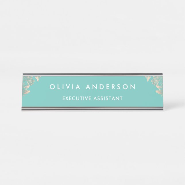 Modern Professional Rose Gold Sparkle Glitter Desk Desk Name Plate (Front)