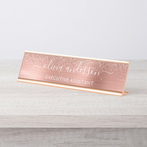 Modern Professional Rose Gold Sparkle Glitter Desk Desk Name Plate