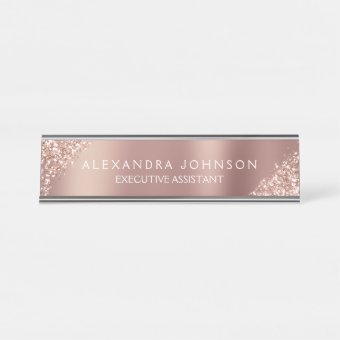 Modern Professional Rose Gold Sparkle Glitter Desk Name Plate | Zazzle