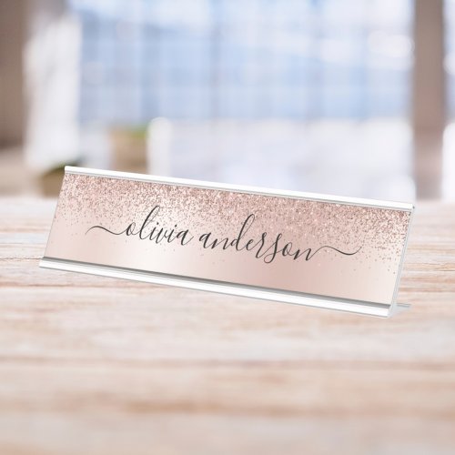 Modern Professional Rose Gold Sparkle Glitter Desk Name Plate