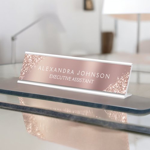 Modern Professional Rose Gold Sparkle Glitter Desk Name Plate