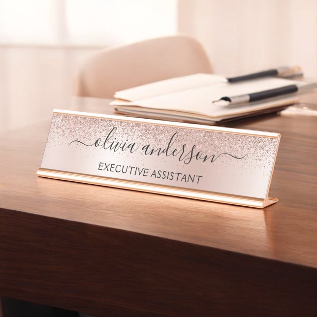 Modern Professional Rose Gold Sparkle Glitter Desk Name Plate (Creator Uploaded)