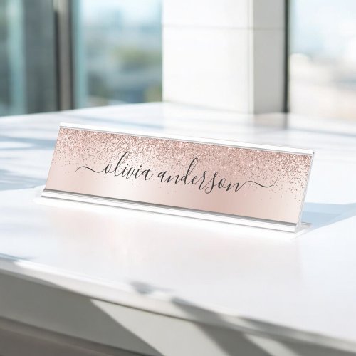 Modern Professional Rose Gold Sparkle Glitter Desk Name Plate