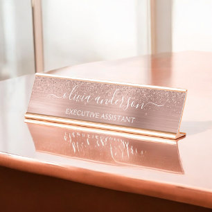 Modern Professional Rose Gold Sparkle Glitter Desk Name Plate