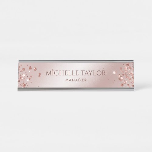 Modern Professional Rose Gold Sparkle Glitter Desk Name Plate