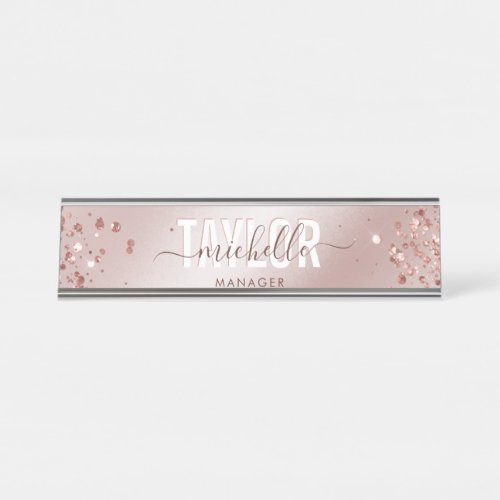 Modern Professional Rose Gold Sparkle Glitter Desk Name Plate