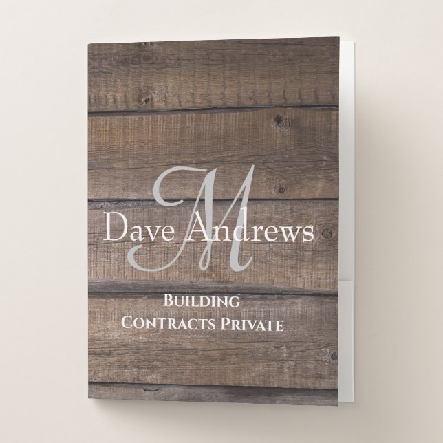 Modern Professional Rustic Wood Monogram Pocket Folder (Front)