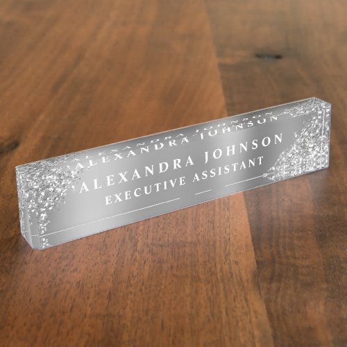 Modern Professional Silver Sparkle Glitter Desk Name Plate