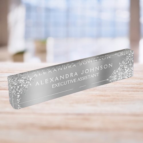 Modern Professional Silver Sparkle Glitter Desk Name Plate