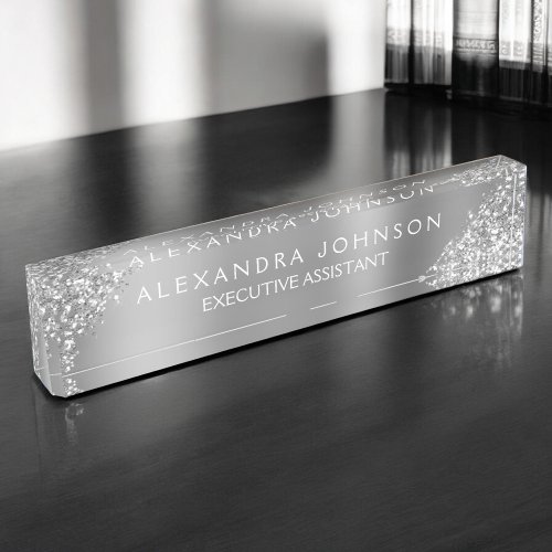 Modern Professional Silver Sparkle Glitter Desk Name Plate