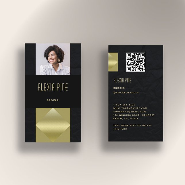 Modern Professional Sleek Black Gold Photo QR Code Business Card (real estate photo business card black gold elegant qr code modern professional broker agent minimal)