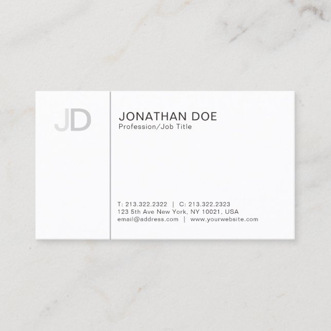 Modern Professional Stylish Monogram White Plain Business Card (Front)