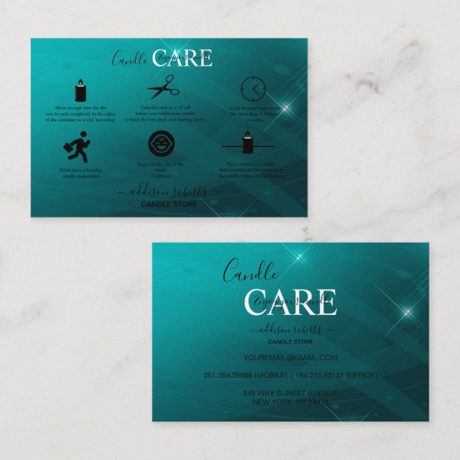 Modern Professional Turquoise Candle Care  Business Card (Front/Back)