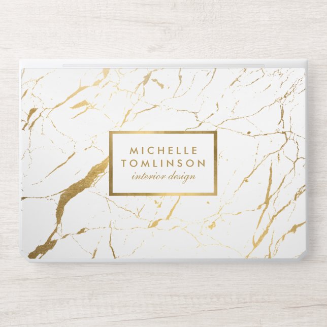 Modern Professional White and Gold Marble Pattern HP Laptop Skin (Front)