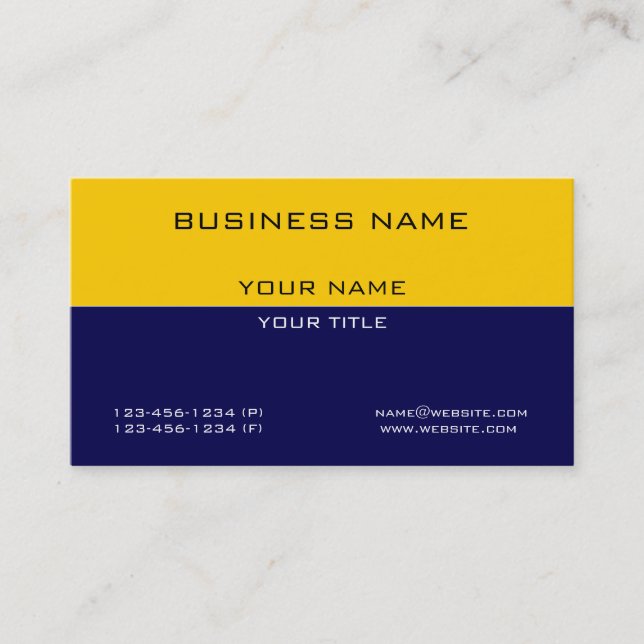Modern Professional Yellow Navy Blue Business Business Card (Front)