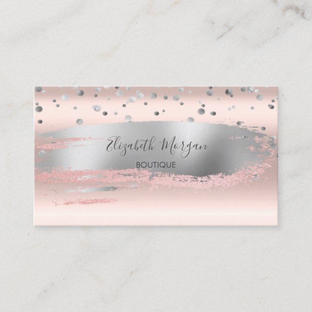 Modern Professsional Silver Confetti, Brush Stroke Business Card (Front)