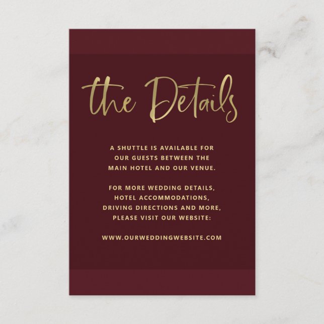 Modern Proposal | Burgundy Gold Wedding Details Enclosure Card (Front)
