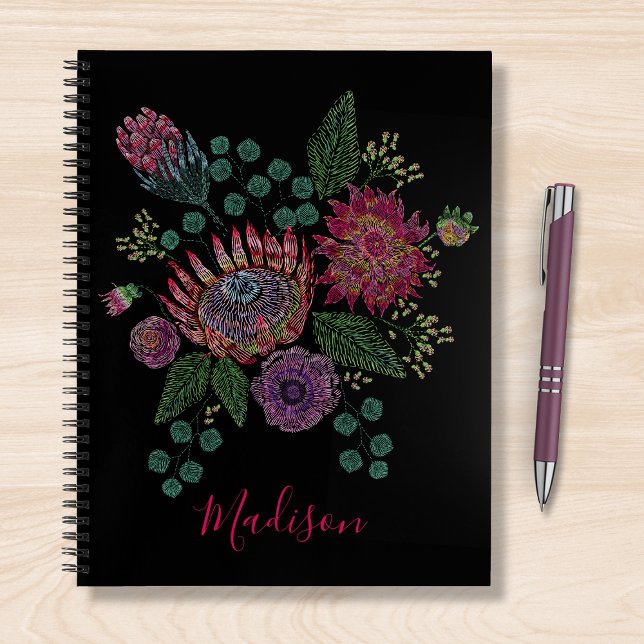 Modern Protea Floral Stitched Personalized Name Notebook (Creator Uploaded)
