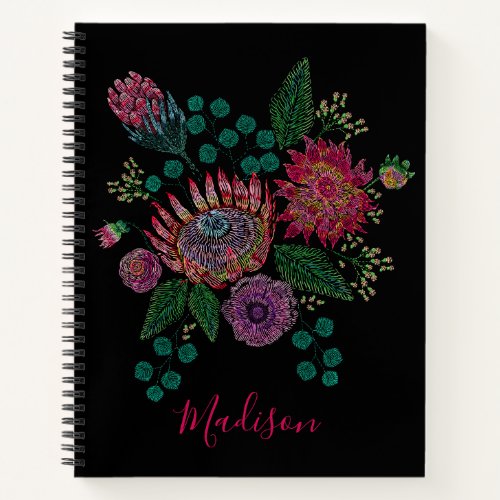 Modern Protea Floral Stitched Personalized Name Notebook