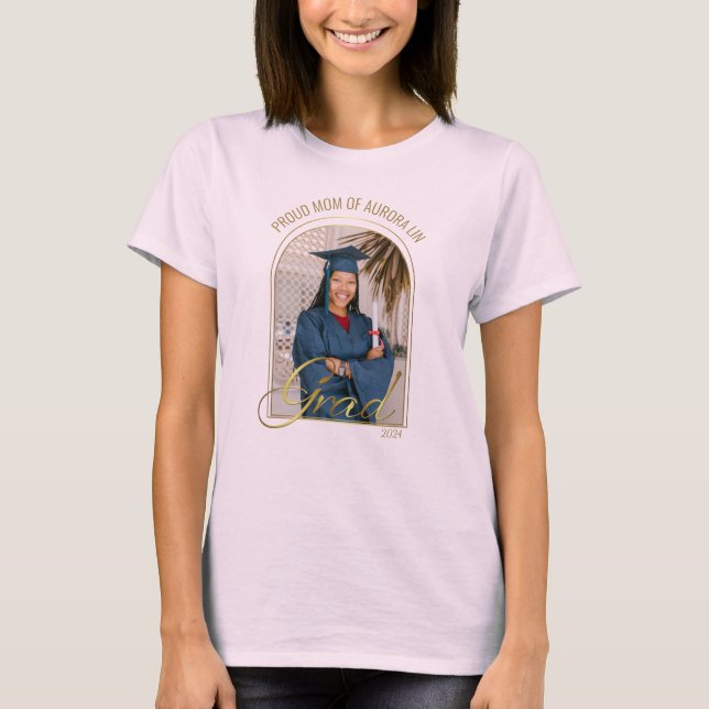 Modern Proud Mom of Grad Custom Photo Pink Boho  T-Shirt (Front)