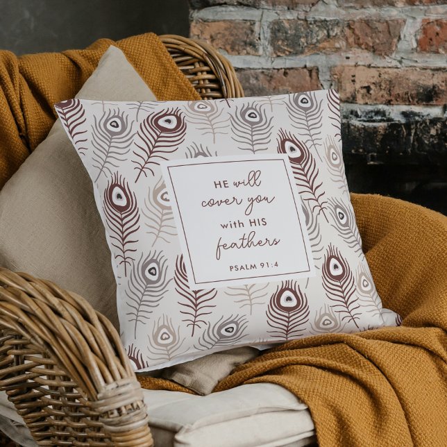 Modern Psalm 91:4 Custom Prayer Keepsake Gift Throw Pillow (Modern Christian prayer pillow with Psalm 91:4 and a heartfelt poem.)