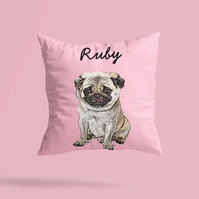 Modern Pug Dog Illustration | Add Name  Throw Pillow (Creator Uploaded)