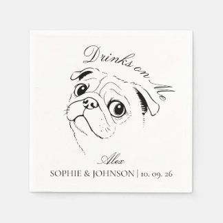 Modern Pug Dog Minimalist Black Line Art Sketch Napkins