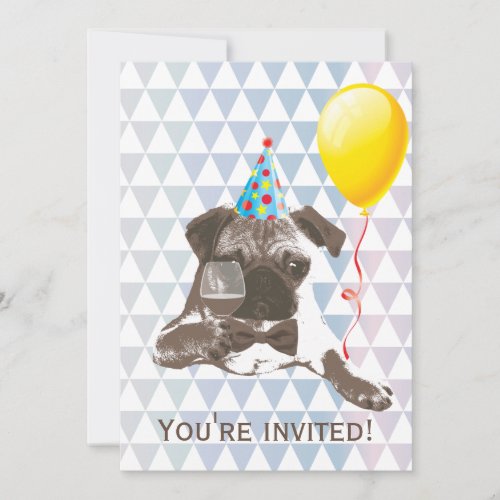 Modern Pug  Wine Birthday Party Invitations