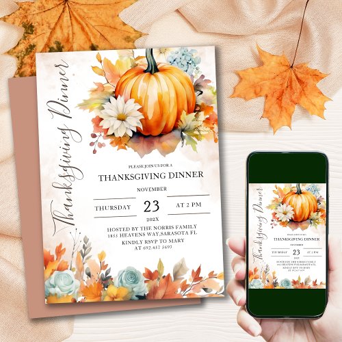 Modern Pumpkin Autumn Leaves Thanksgiving Dinner Invitation