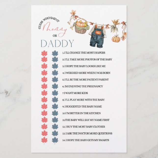 Modern Pumpkin Baby Shower Mom or Dad Game (Front)