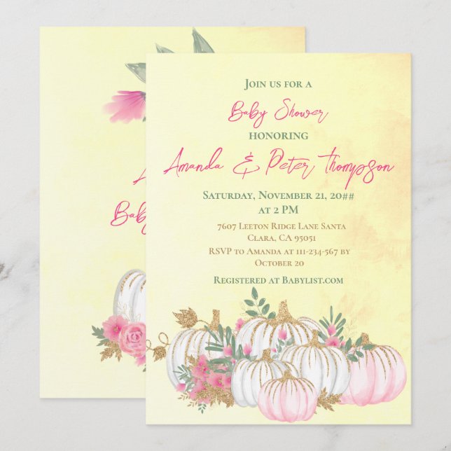 Modern Pumpkin Blush Pink Gold Yellow Baby Shower Invitation (Front/Back)