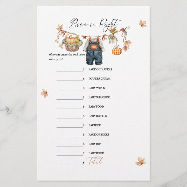 Modern Pumpkin Fall Baby Shower Price Game (Front)