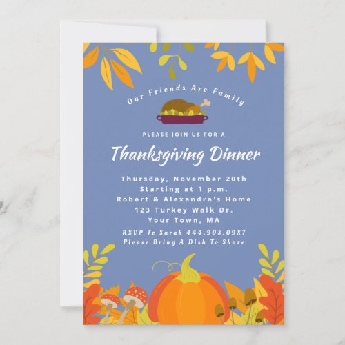 Modern Pumpkin Fall Thanksgiving Dinner Blue Invitation