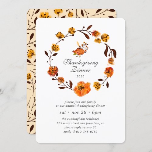 Modern Pumpkin Floral Wreath Thanksgiving Invitation