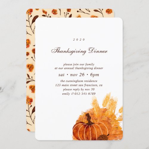 Modern Pumpkin Flower Pattern Thanksgiving Dinner Invitation