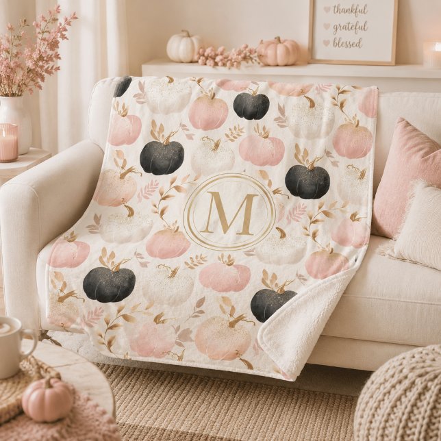 Modern Pumpkin Monogram – Personalized Initial Sherpa Blanket (Creator Uploaded)
