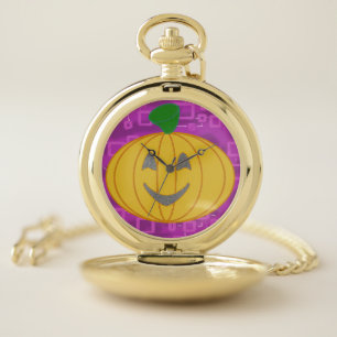 Modern Pumpkin on Purple Geometric Pocket Watch