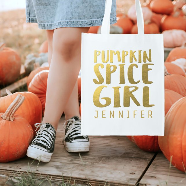 Modern Pumpkin Spice Girl Name Grocery Bag (All about that pumpkin spice? Just add your name)