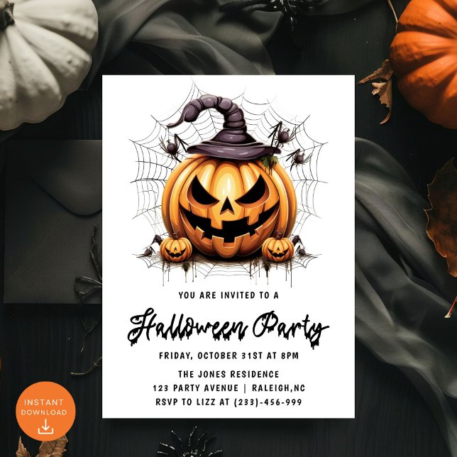 Modern Pumpkin Spiders Adult Halloween Party Invitation (Creator Uploaded)