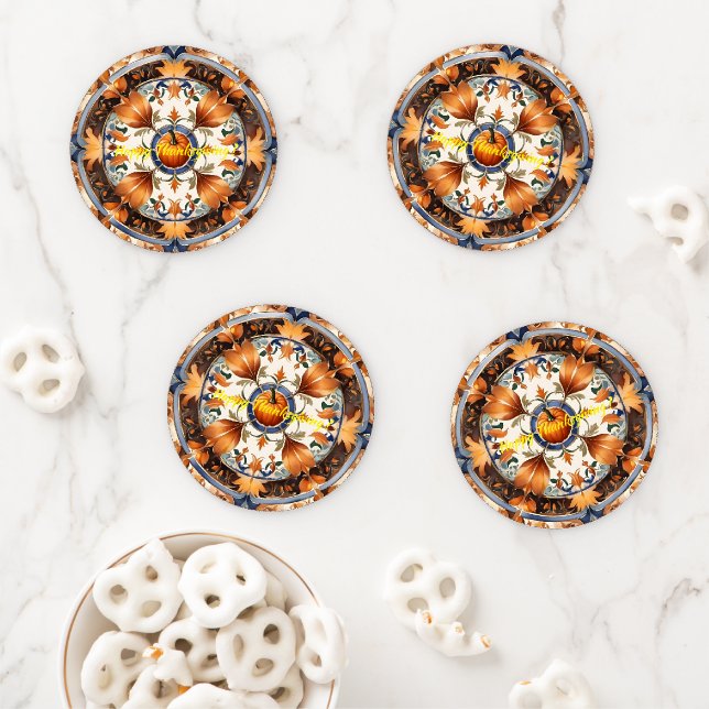 Modern Pumpkin Thanksgiving Autumn Collection Coaster Set (In Situ)