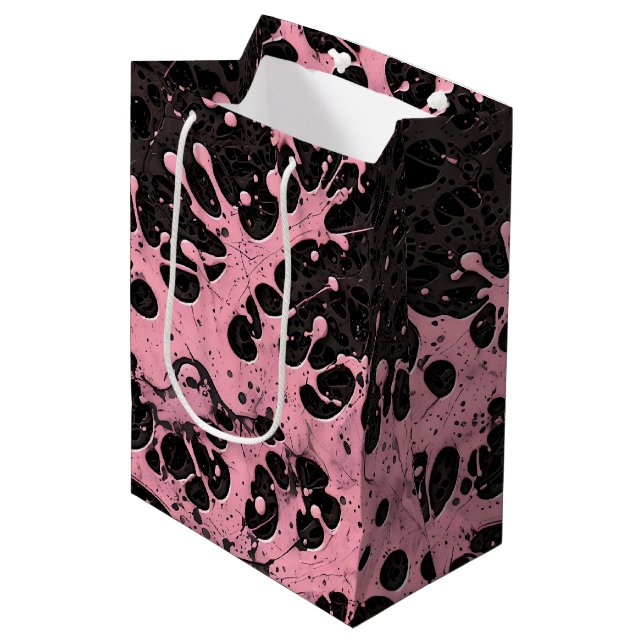 Modern Punk Rock Splatter Paint Black & Pink Medium Gift Bag (Front Angled)