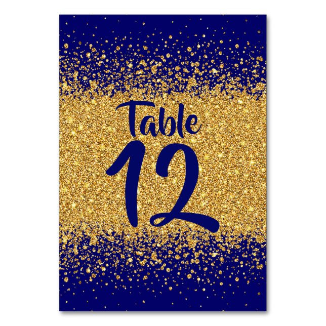 Modern Pure Gold Glitter on Royal Blue Table Number (Front)