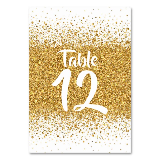Modern Pure Gold Glitter on White Background Table Number (Front)