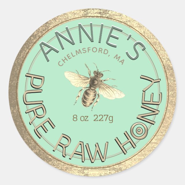 Modern Pure Raw Honey Bee Gold Frame Blue Cyan   Classic Round Sticker (Front)