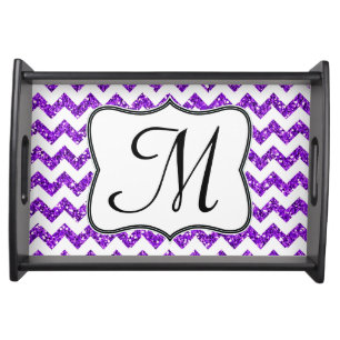 Modern Purpl Glitter Chevron Monogram Serving Tray