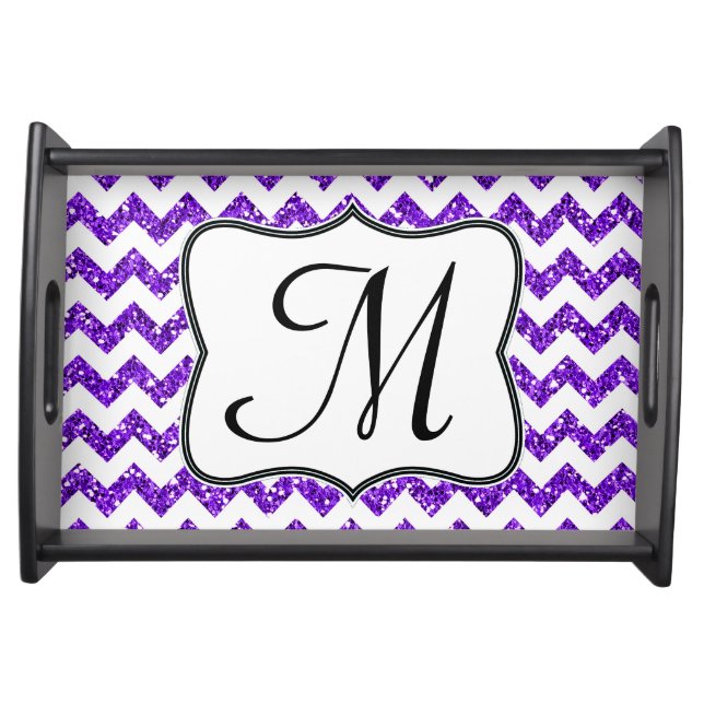 Modern Purpl Glitter Chevron Monogram Serving Tray (Front)