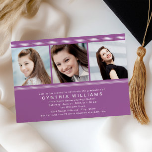 Modern Purple 3 Photo Graduation Party Invitation